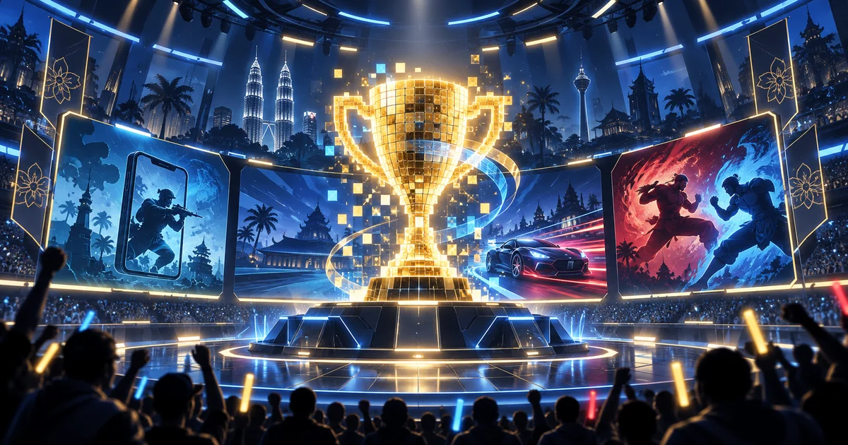 Digital esports arena and trophy representing the Asian Games esports 2026 programme