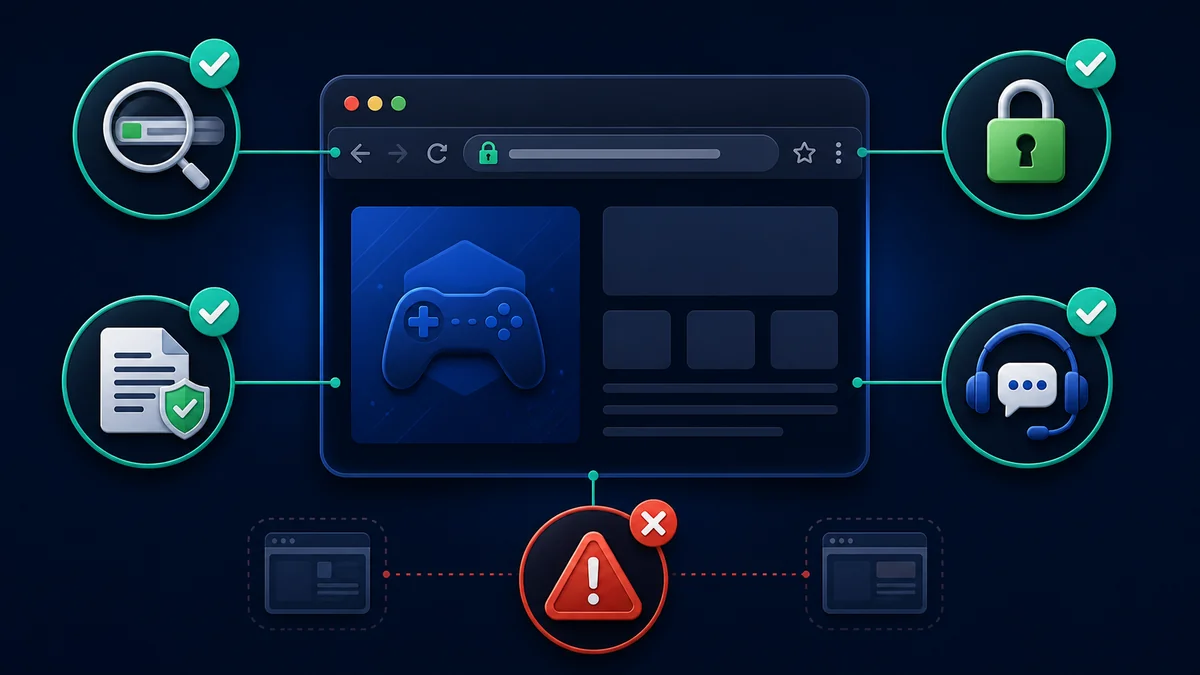 Checklist icons for verifying a gaming website and spotting fake mirror sites
